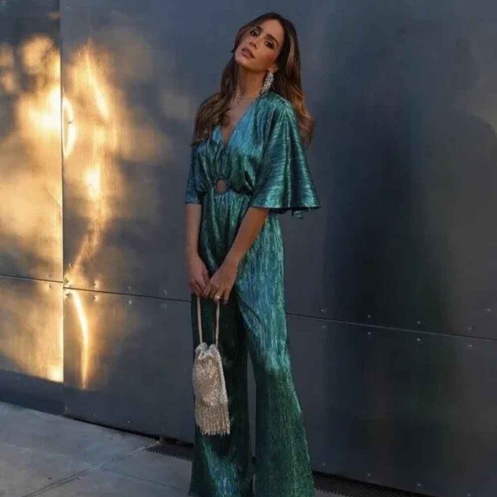 (Sold) Zara satin metallic pleated jumpsuit with keyhole Sz L